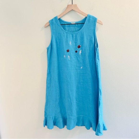 Vintage Ladybug Dress Size Large Sleeveless Midi Embroidered Bright Blue Flowy - Picture 6 of 6